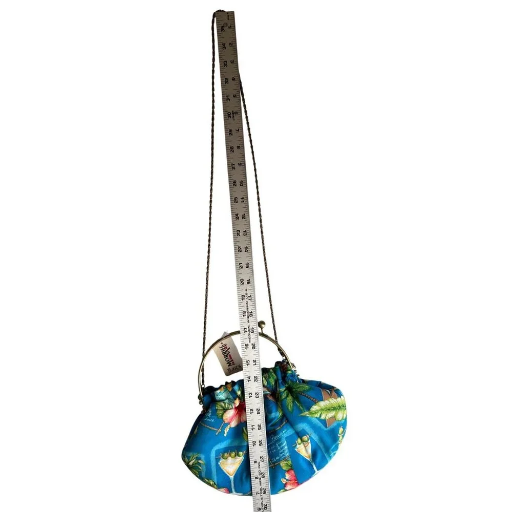 Morrieg Tropical Print Metal Frame Chain Strap Blue Floral Cocktail Design Bag - Picture 6 of 8